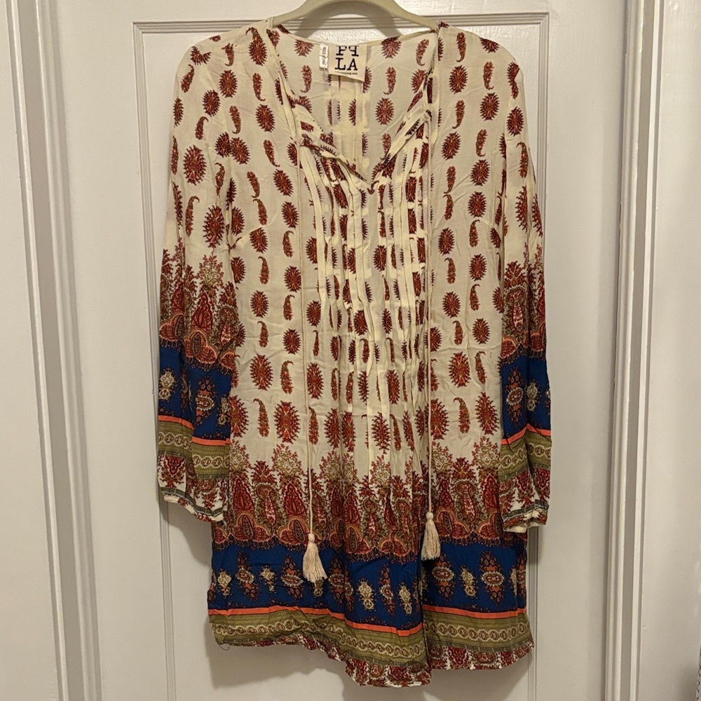 PPLA Long Sleeve Dress in Cream, Red, and Blue
